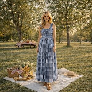 Doen Emmaretta Dress Blue White Gingham Plaid Medium Organic Cotton Blend Maxi